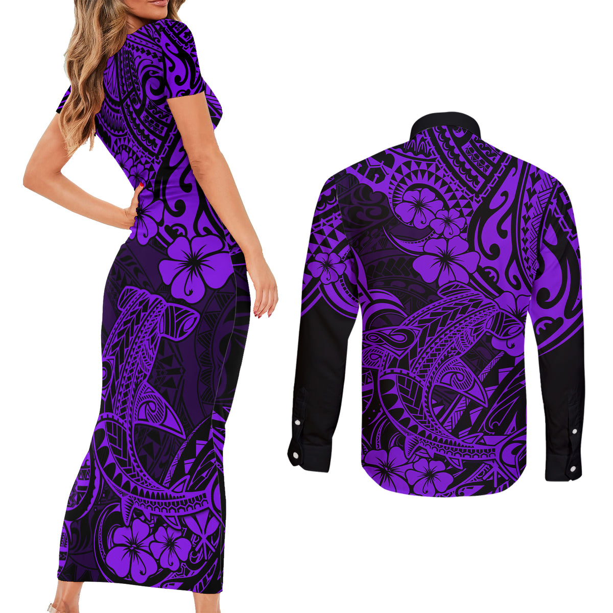 Hawaii Shark Couples Matching Short Sleeve Bodycon Dress and Long Sleeve Button Shirts Polynesian Pattern Purple Version - Wonder Print Shop