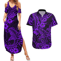 Hawaii Shark Couples Matching Summer Maxi Dress and Hawaiian Shirt Polynesian Pattern Purple Version - Wonder Print Shop