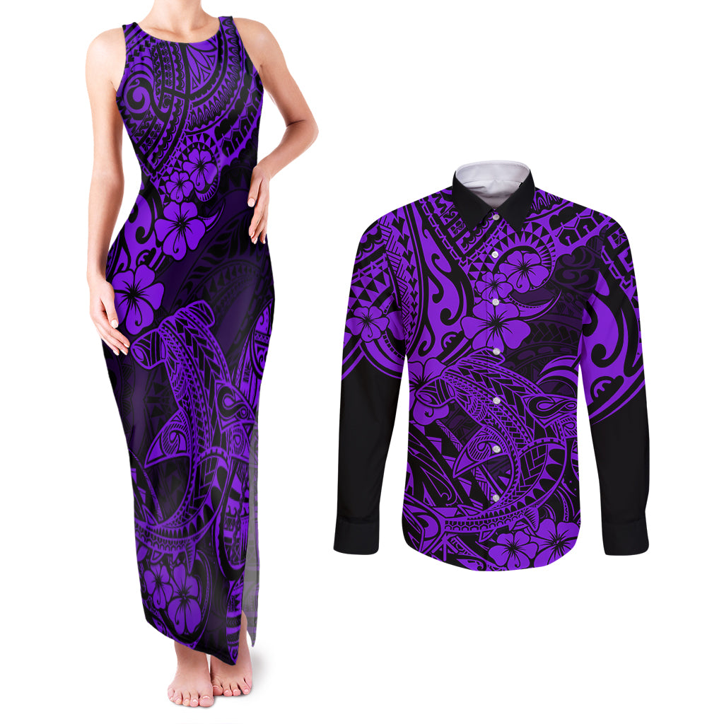 Hawaii Shark Couples Matching Tank Maxi Dress and Long Sleeve Button Shirts Polynesian Pattern Purple Version - Wonder Print Shop