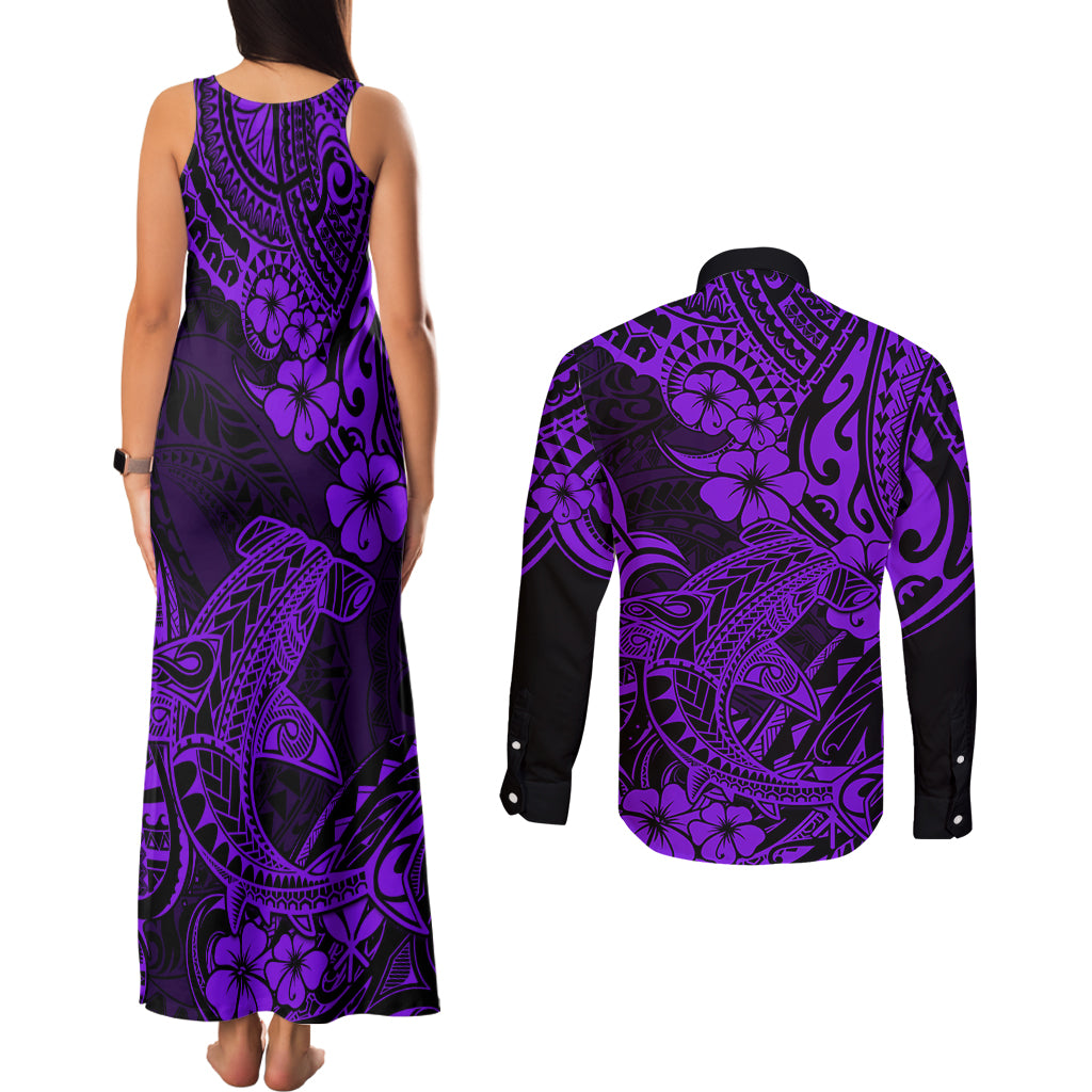 Hawaii Shark Couples Matching Tank Maxi Dress and Long Sleeve Button Shirts Polynesian Pattern Purple Version - Wonder Print Shop