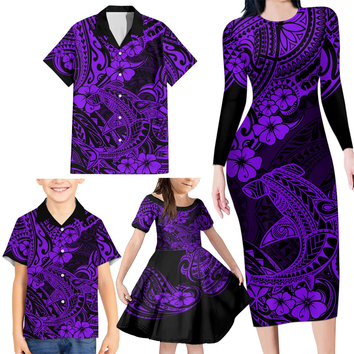 Hawaii Shark Family Matching Long Sleeve Bodycon Dress and Hawaiian Shirt Polynesian Pattern Purple Version - Wonder Print Shop