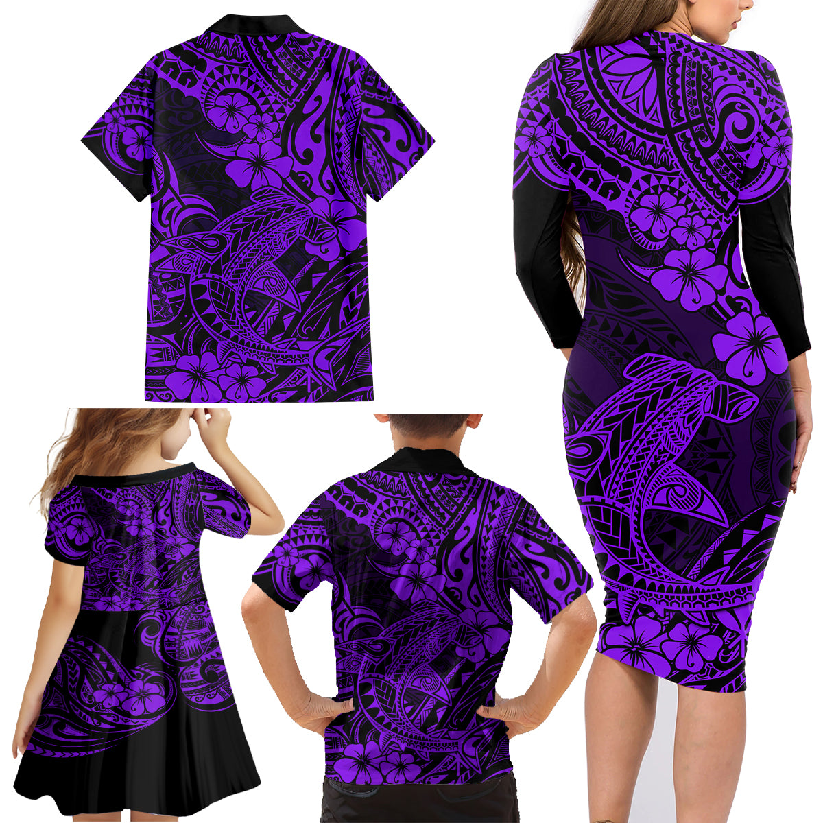 Hawaii Shark Family Matching Long Sleeve Bodycon Dress and Hawaiian Shirt Polynesian Pattern Purple Version - Wonder Print Shop