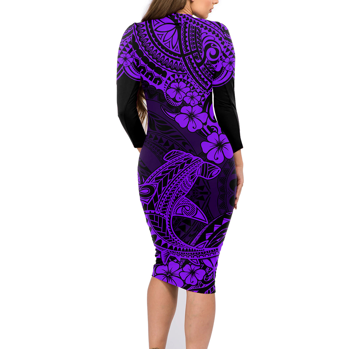 Hawaii Shark Family Matching Long Sleeve Bodycon Dress and Hawaiian Shirt Polynesian Pattern Purple Version - Wonder Print Shop