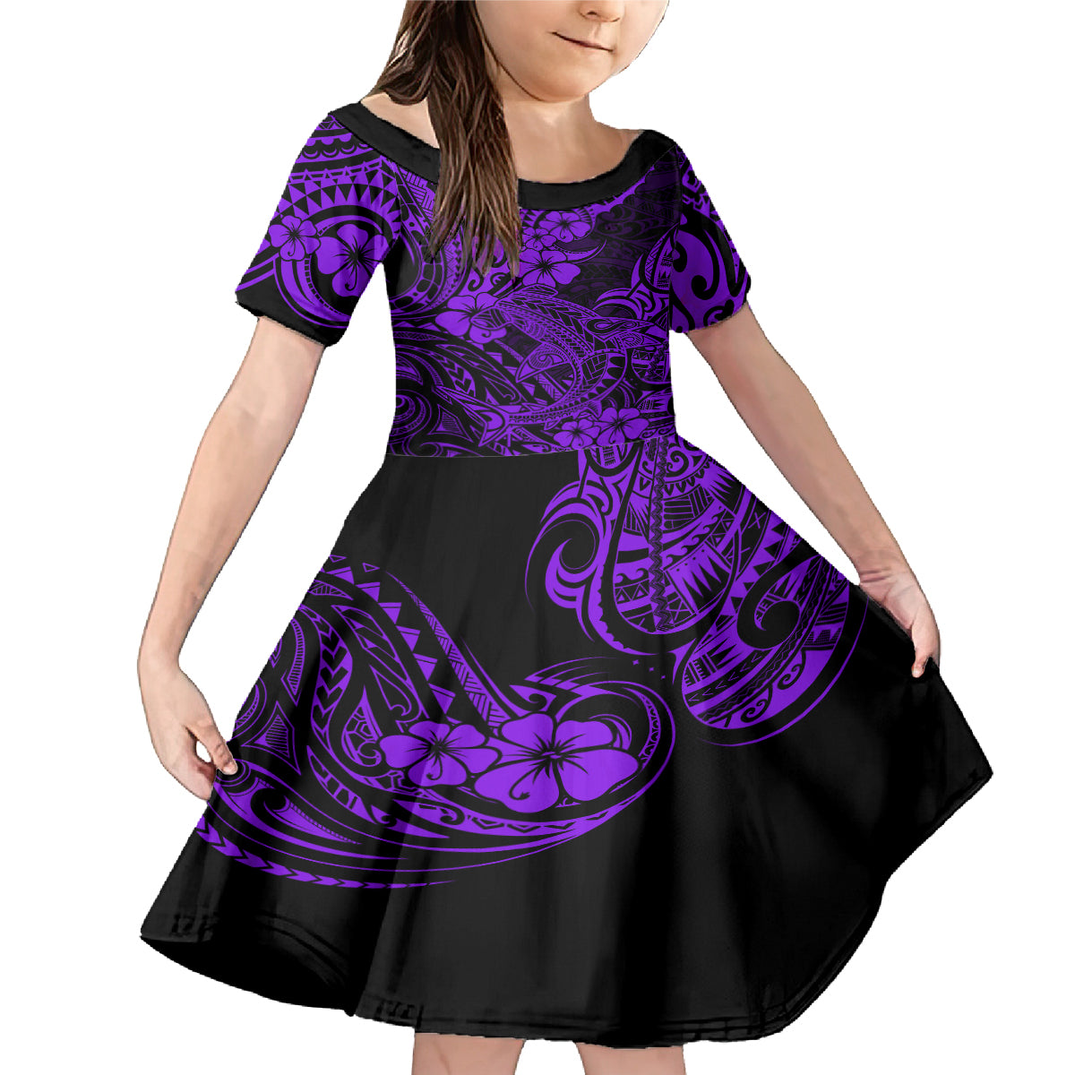 Hawaii Shark Family Matching Mermaid Dress and Hawaiian Shirt Polynesian Pattern Purple Version - Wonder Print Shop