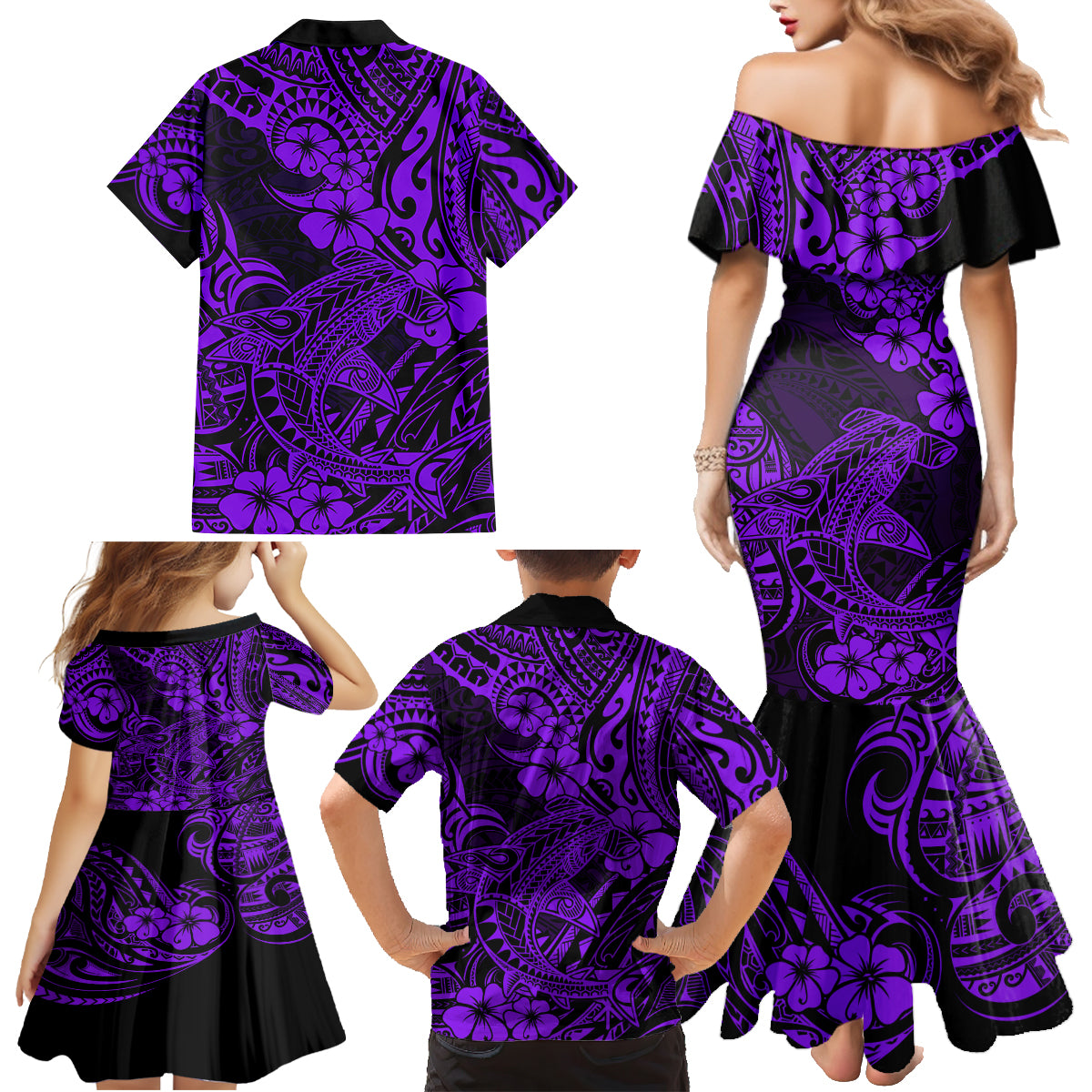 Hawaii Shark Family Matching Mermaid Dress and Hawaiian Shirt Polynesian Pattern Purple Version - Wonder Print Shop
