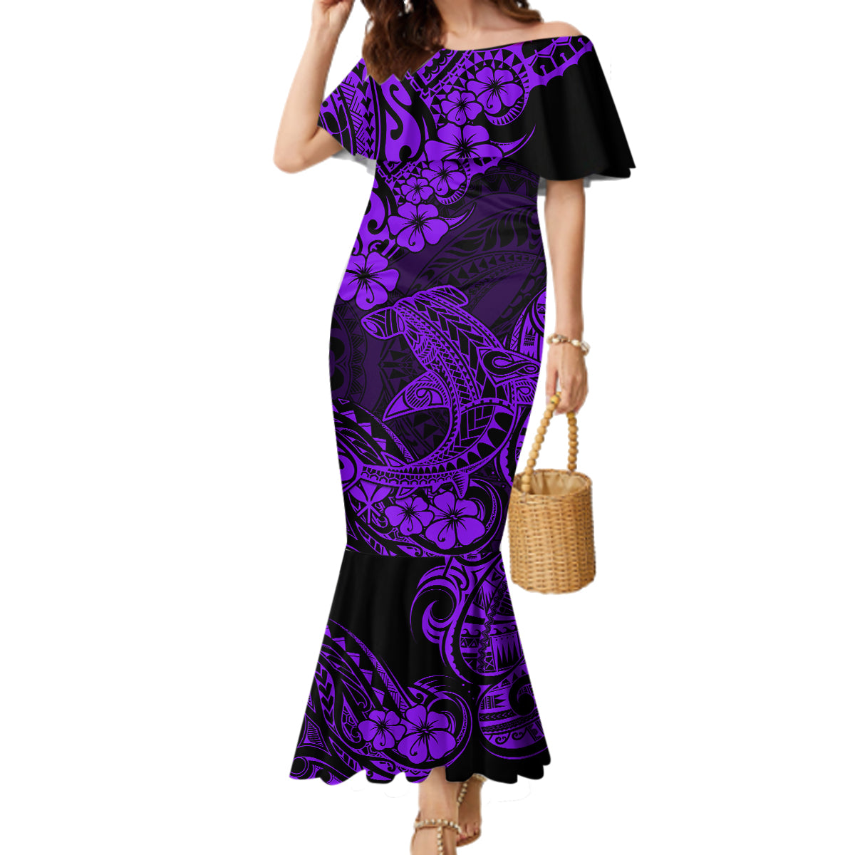 Hawaii Shark Family Matching Mermaid Dress and Hawaiian Shirt Polynesian Pattern Purple Version - Wonder Print Shop