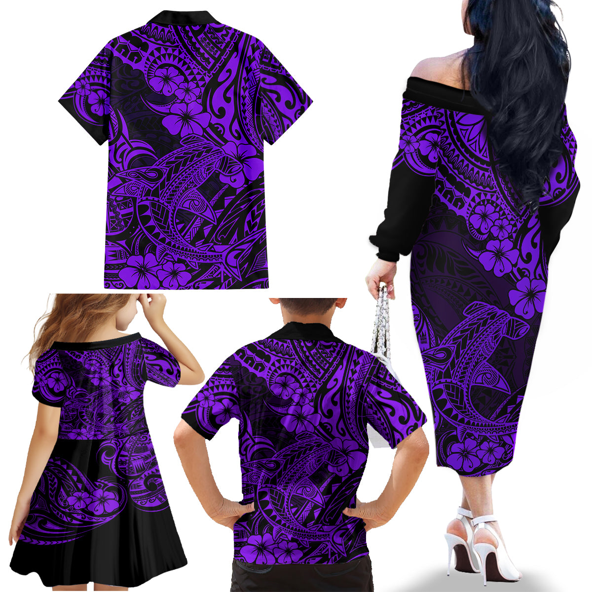 Hawaii Shark Family Matching Off Shoulder Long Sleeve Dress and Hawaiian Shirt Polynesian Pattern Purple Version - Wonder Print Shop