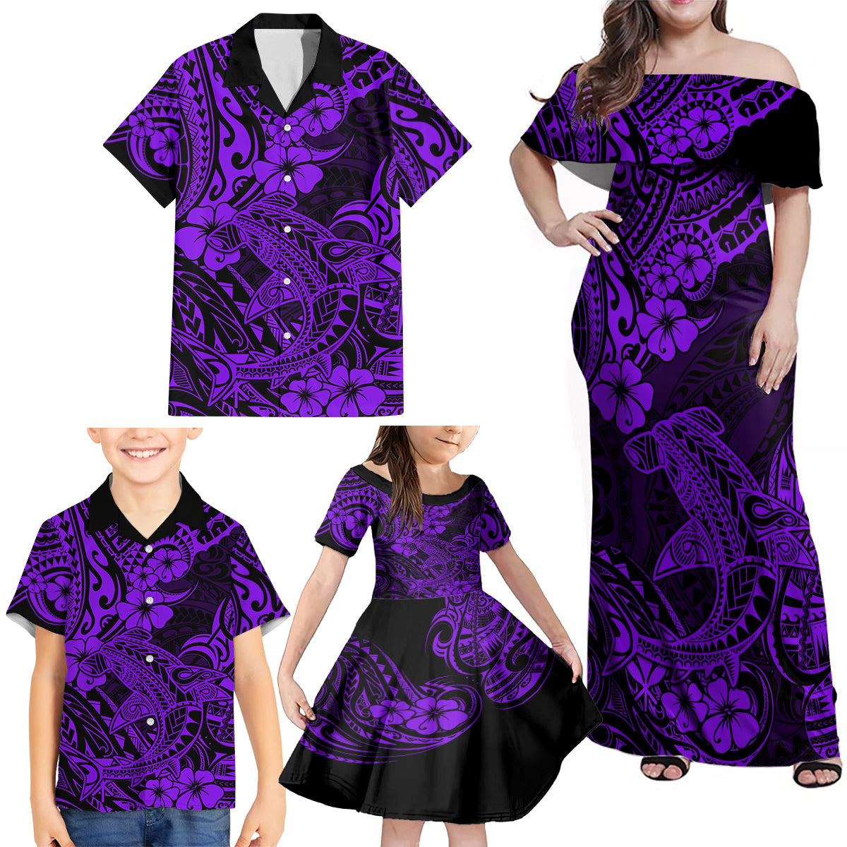 Hawaii Shark Family Matching Off Shoulder Maxi Dress and Hawaiian Shirt Polynesian Pattern Purple Version - Wonder Print Shop