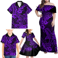 Hawaii Shark Family Matching Off Shoulder Maxi Dress and Hawaiian Shirt Polynesian Pattern Purple Version - Wonder Print Shop