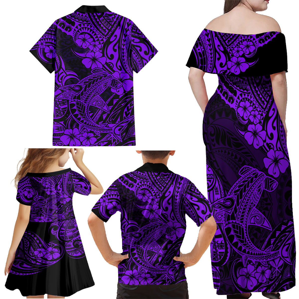 Hawaii Shark Family Matching Off Shoulder Maxi Dress and Hawaiian Shirt Polynesian Pattern Purple Version - Wonder Print Shop