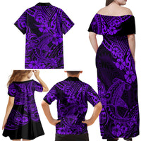 Hawaii Shark Family Matching Off Shoulder Maxi Dress and Hawaiian Shirt Polynesian Pattern Purple Version - Wonder Print Shop