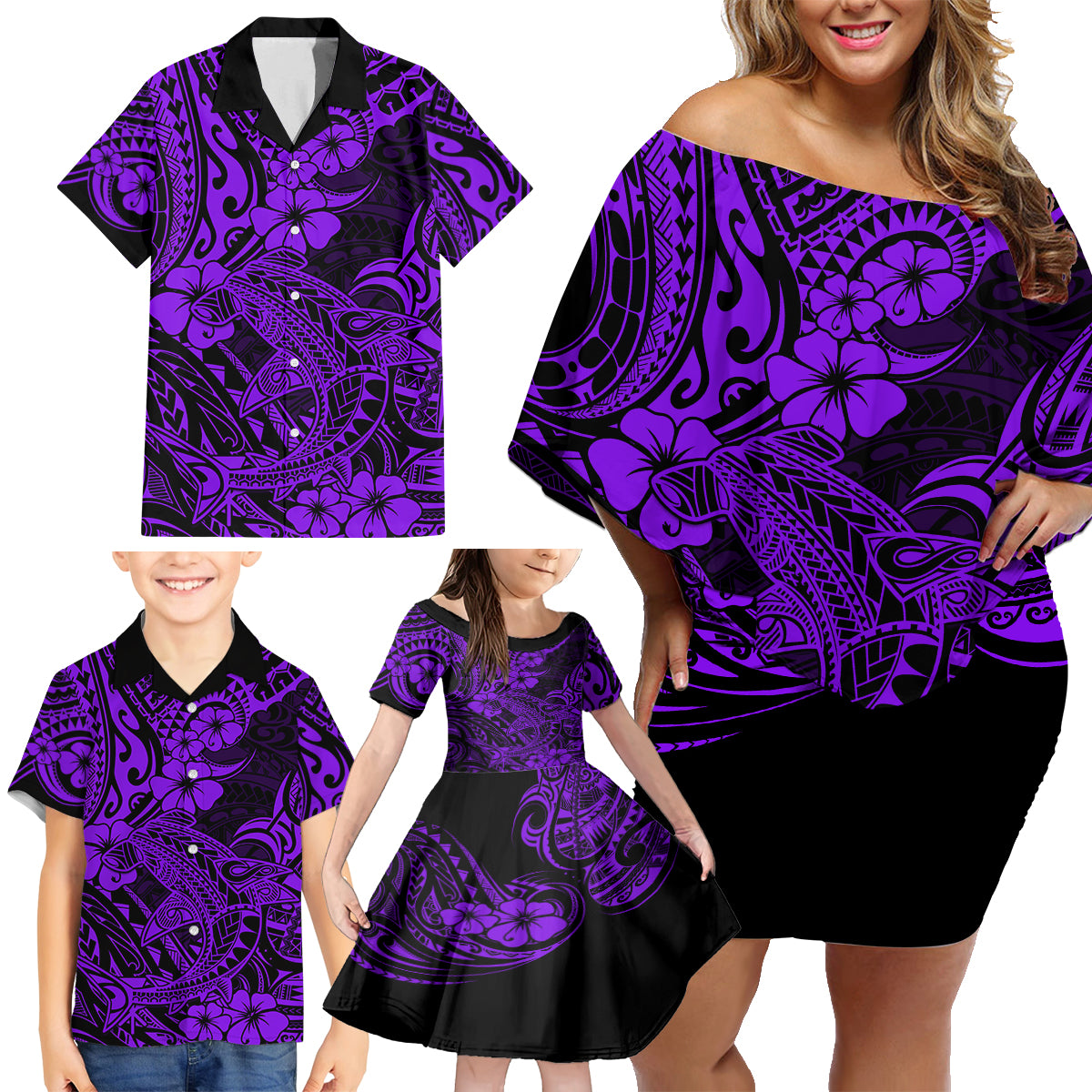 Hawaii Shark Family Matching Off Shoulder Short Dress and Hawaiian Shirt Polynesian Pattern Purple Version - Wonder Print Shop