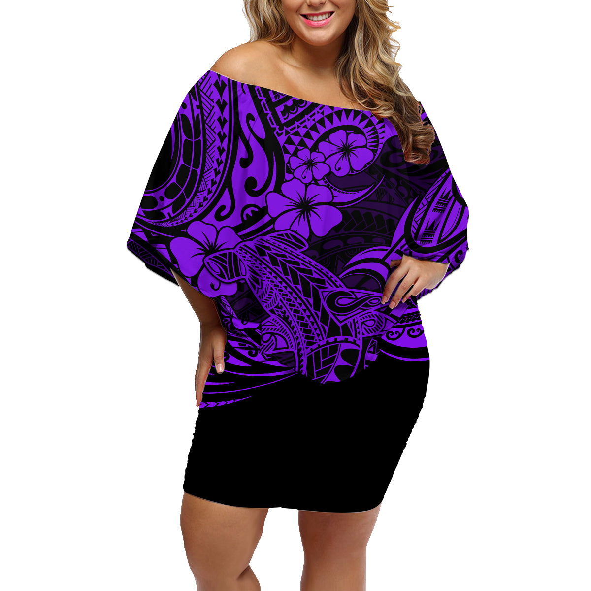 Hawaii Shark Family Matching Off Shoulder Short Dress and Hawaiian Shirt Polynesian Pattern Purple Version - Wonder Print Shop