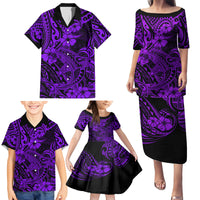 Hawaii Shark Family Matching Puletasi Dress and Hawaiian Shirt Polynesian Pattern Purple Version - Wonder Print Shop
