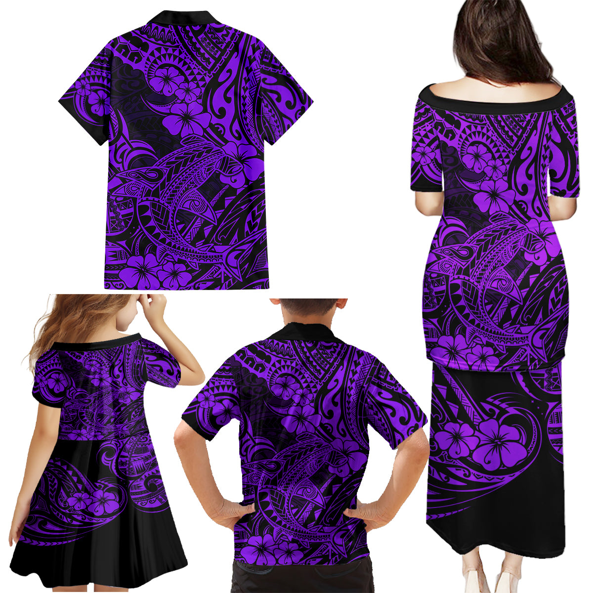 Hawaii Shark Family Matching Puletasi Dress and Hawaiian Shirt Polynesian Pattern Purple Version - Wonder Print Shop