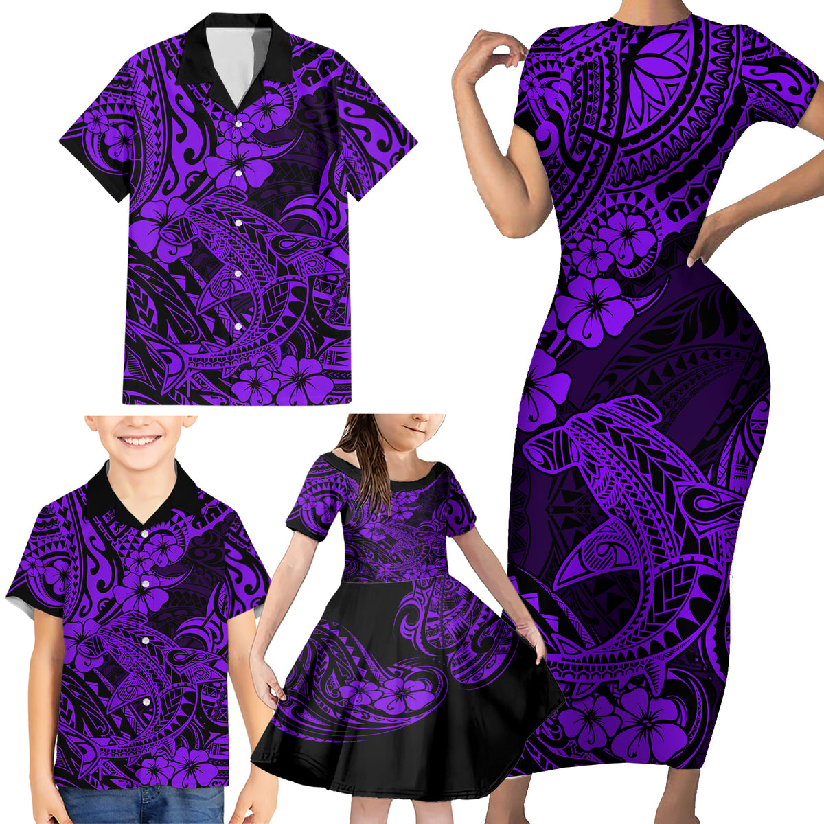 Hawaii Shark Family Matching Short Sleeve Bodycon Dress and Hawaiian Shirt Polynesian Pattern Purple Version - Wonder Print Shop