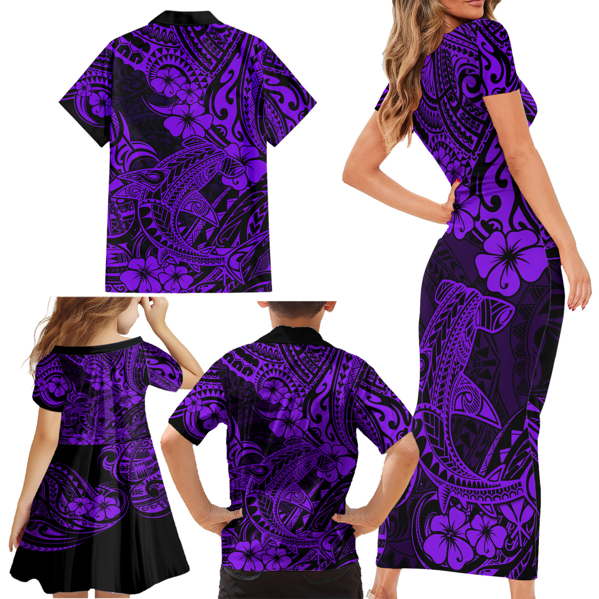 Hawaii Shark Family Matching Short Sleeve Bodycon Dress and Hawaiian Shirt Polynesian Pattern Purple Version - Wonder Print Shop
