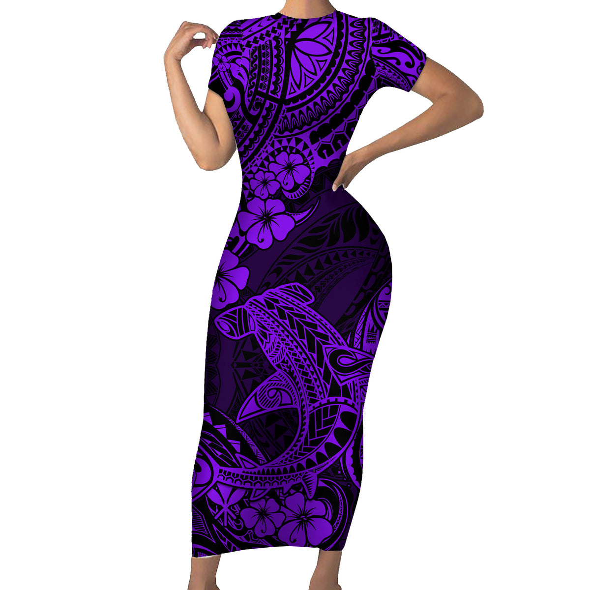 Hawaii Shark Family Matching Short Sleeve Bodycon Dress and Hawaiian Shirt Polynesian Pattern Purple Version - Wonder Print Shop