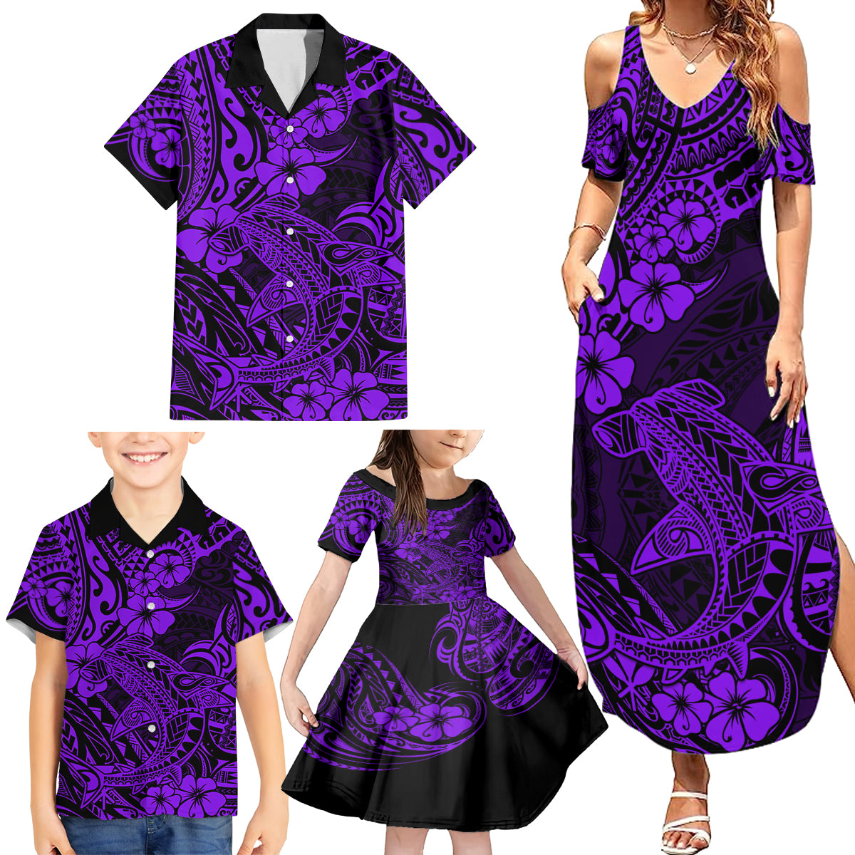 Hawaii Shark Family Matching Summer Maxi Dress and Hawaiian Shirt Polynesian Pattern Purple Version - Wonder Print Shop
