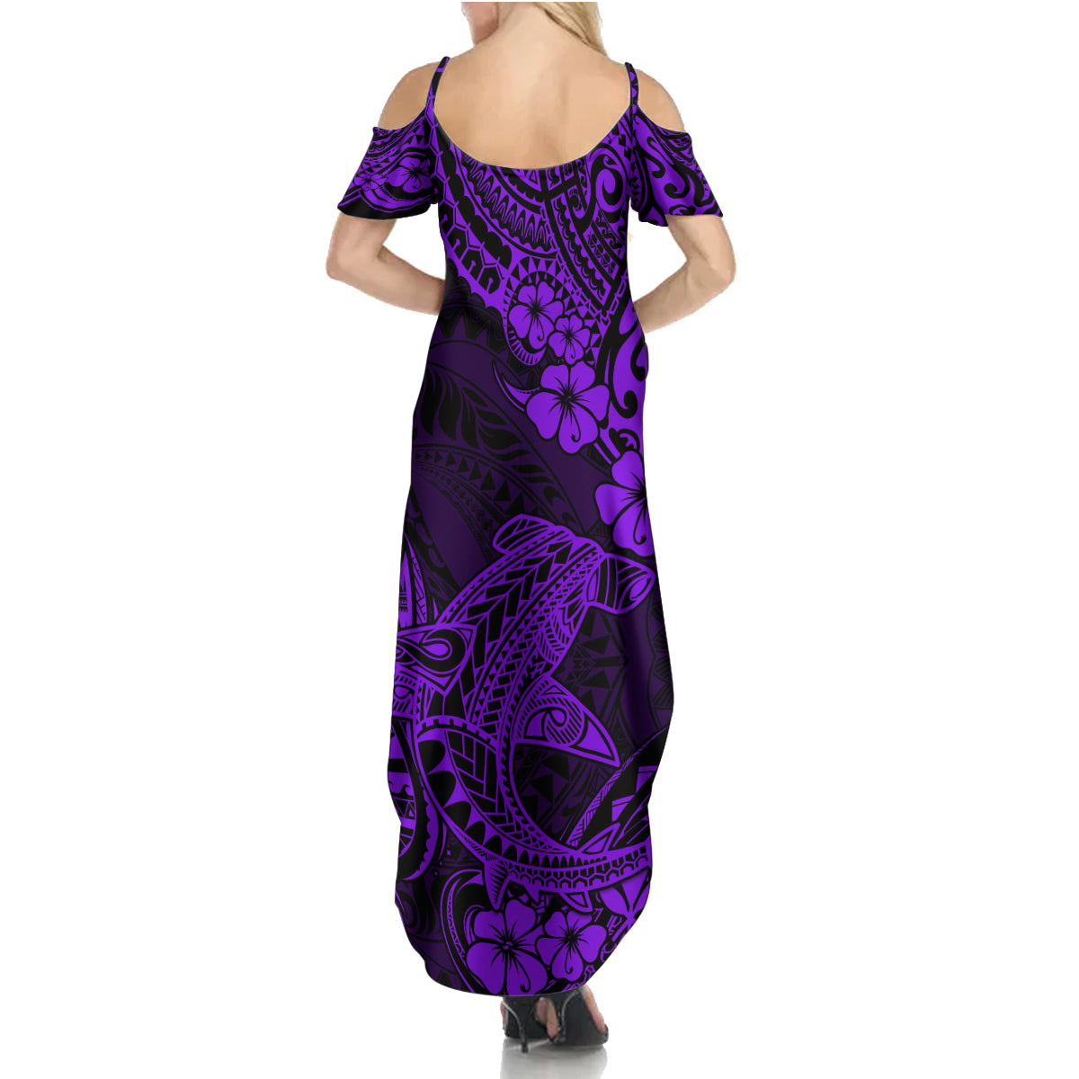 Hawaii Shark Family Matching Summer Maxi Dress and Hawaiian Shirt Polynesian Pattern Purple Version - Wonder Print Shop
