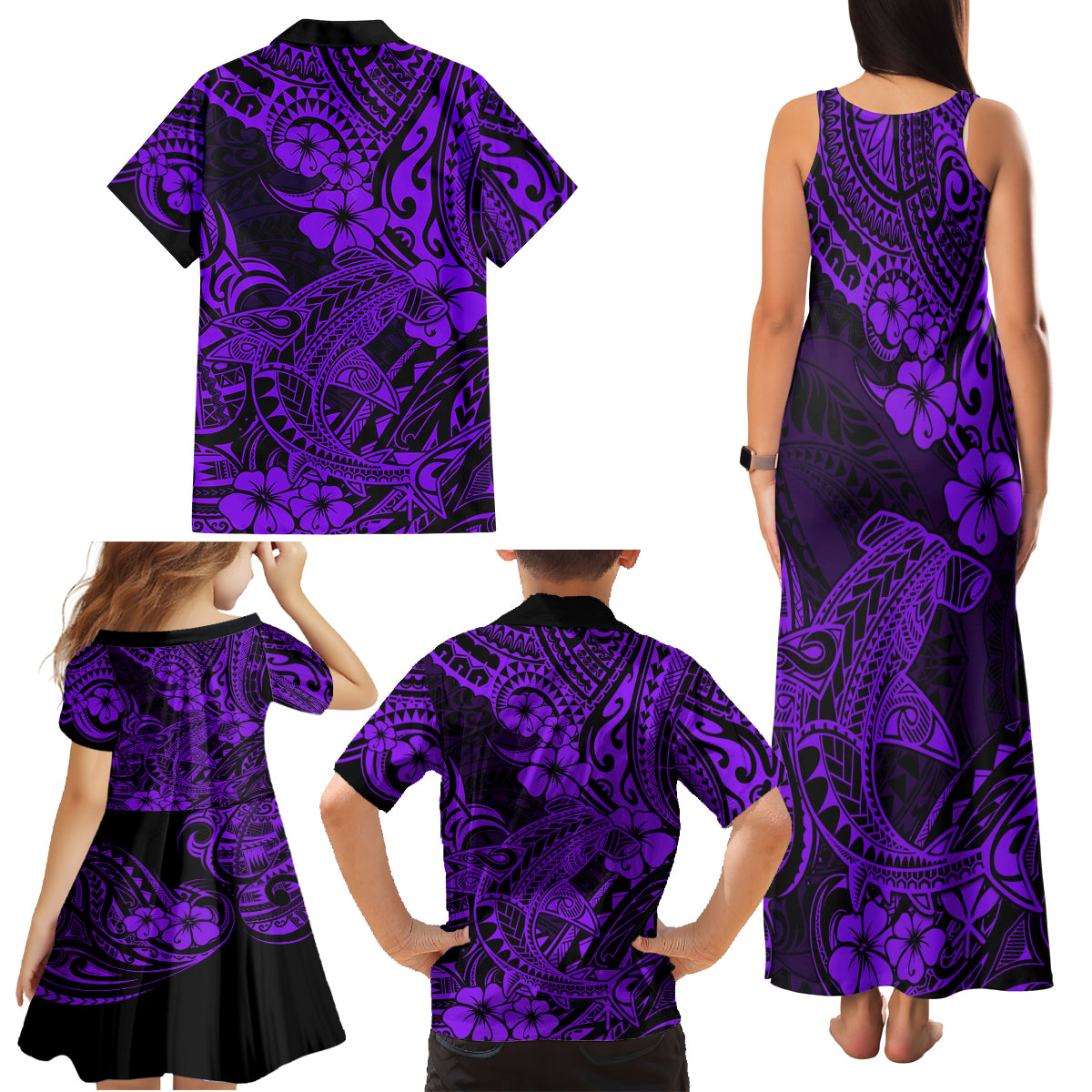 Hawaii Shark Family Matching Tank Maxi Dress and Hawaiian Shirt Polynesian Pattern Purple Version - Wonder Print Shop
