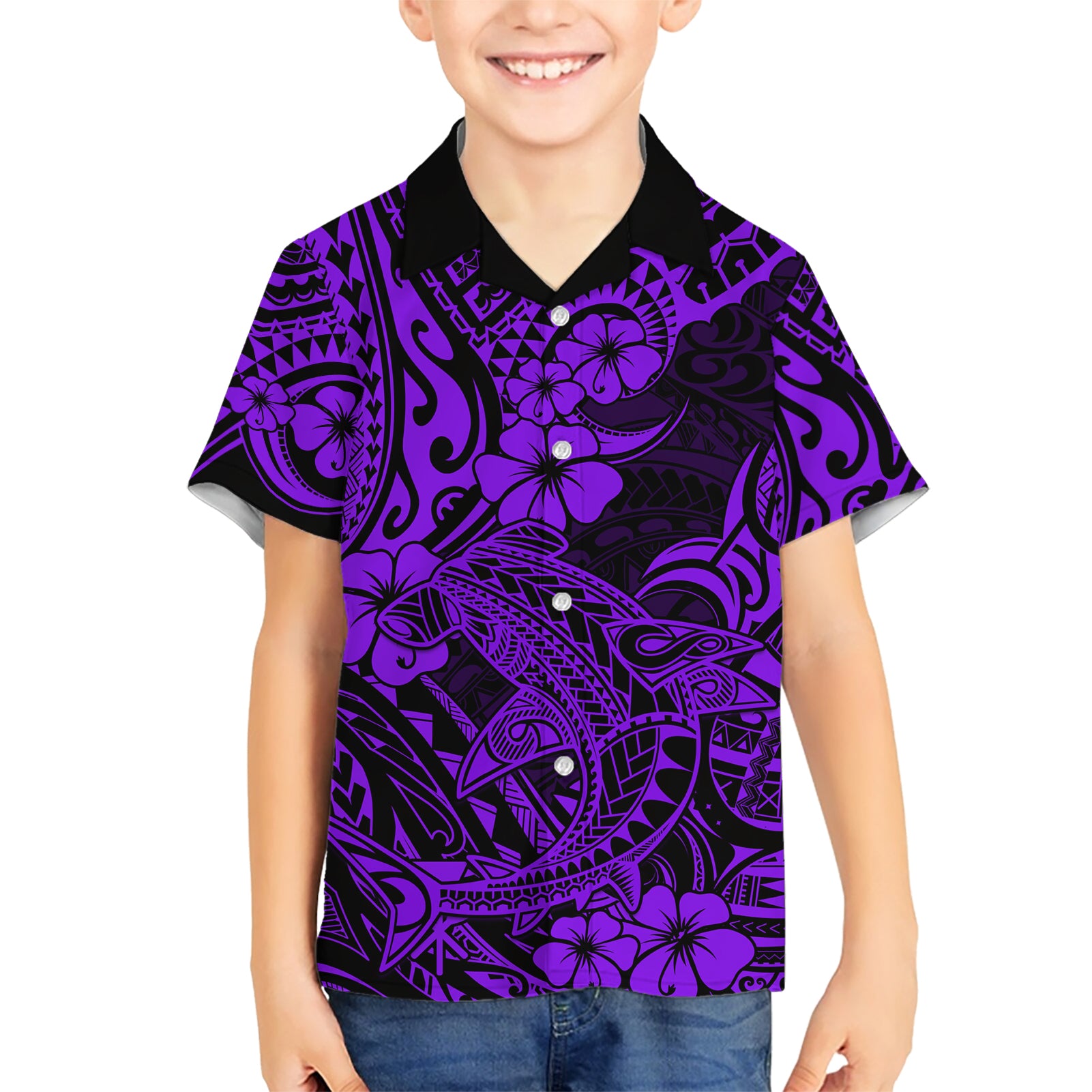 Hawaii Shark Kid Hawaiian Shirt Polynesian Pattern Purple Version - Wonder Print Shop