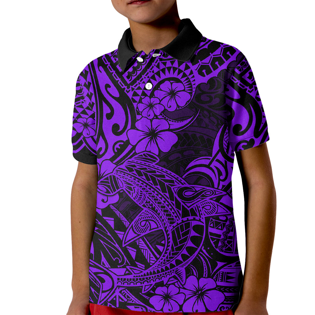 Hawaii Shark Kid Polo Shirt Polynesian Pattern Purple Version - Wonder Print Shop