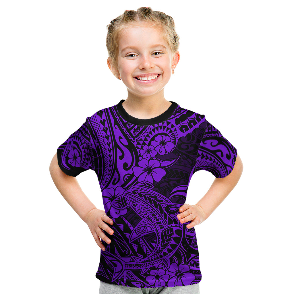Hawaii Shark Kid T Shirt Polynesian Pattern Purple Version - Wonder Print Shop
