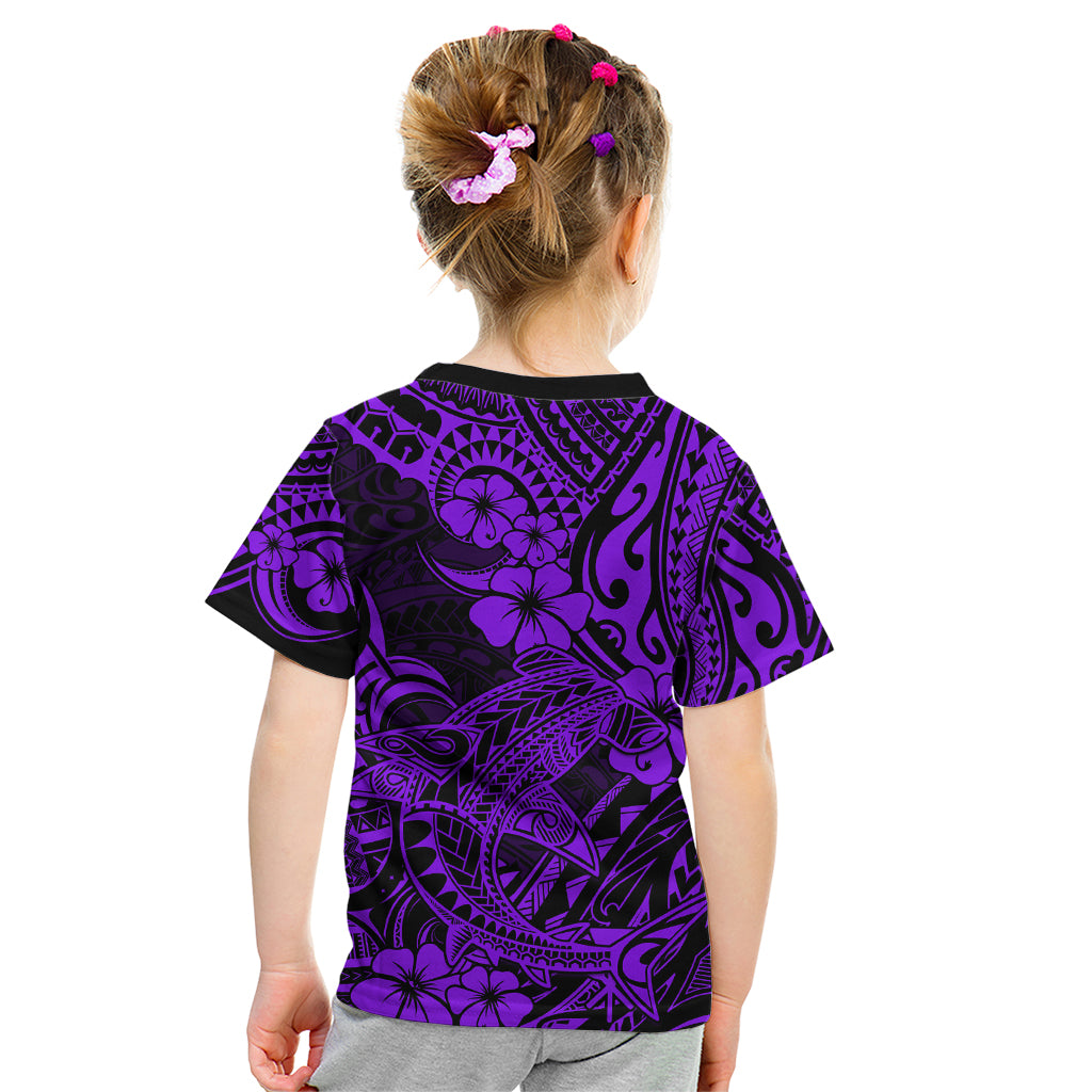 Hawaii Shark Kid T Shirt Polynesian Pattern Purple Version - Wonder Print Shop