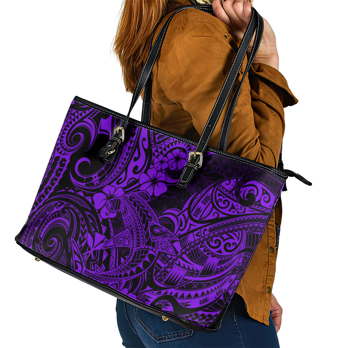 Hawaii Shark Leather Tote Bag Polynesian Pattern Purple Version - Wonder Print Shop