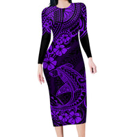 Hawaii Shark Long Sleeve Bodycon Dress Polynesian Pattern Purple Version - Wonder Print Shop