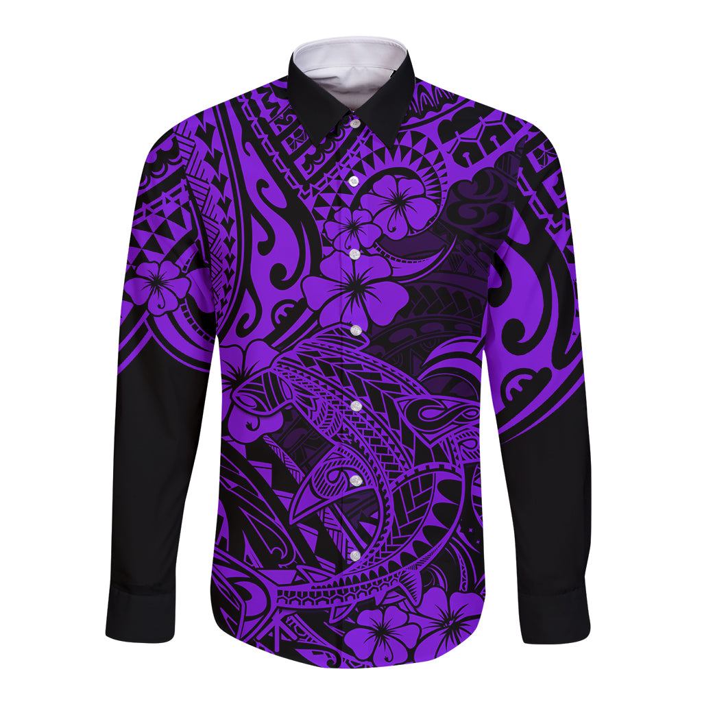 Hawaii Shark Long Sleeve Button Shirt Polynesian Pattern Purple Version - Wonder Print Shop