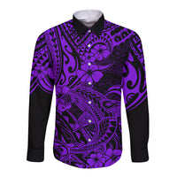 Hawaii Shark Long Sleeve Button Shirt Polynesian Pattern Purple Version - Wonder Print Shop
