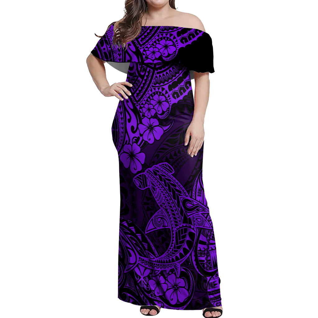 Hawaii Shark Off Shoulder Maxi Dress Polynesian Pattern Purple Version - Wonder Print Shop