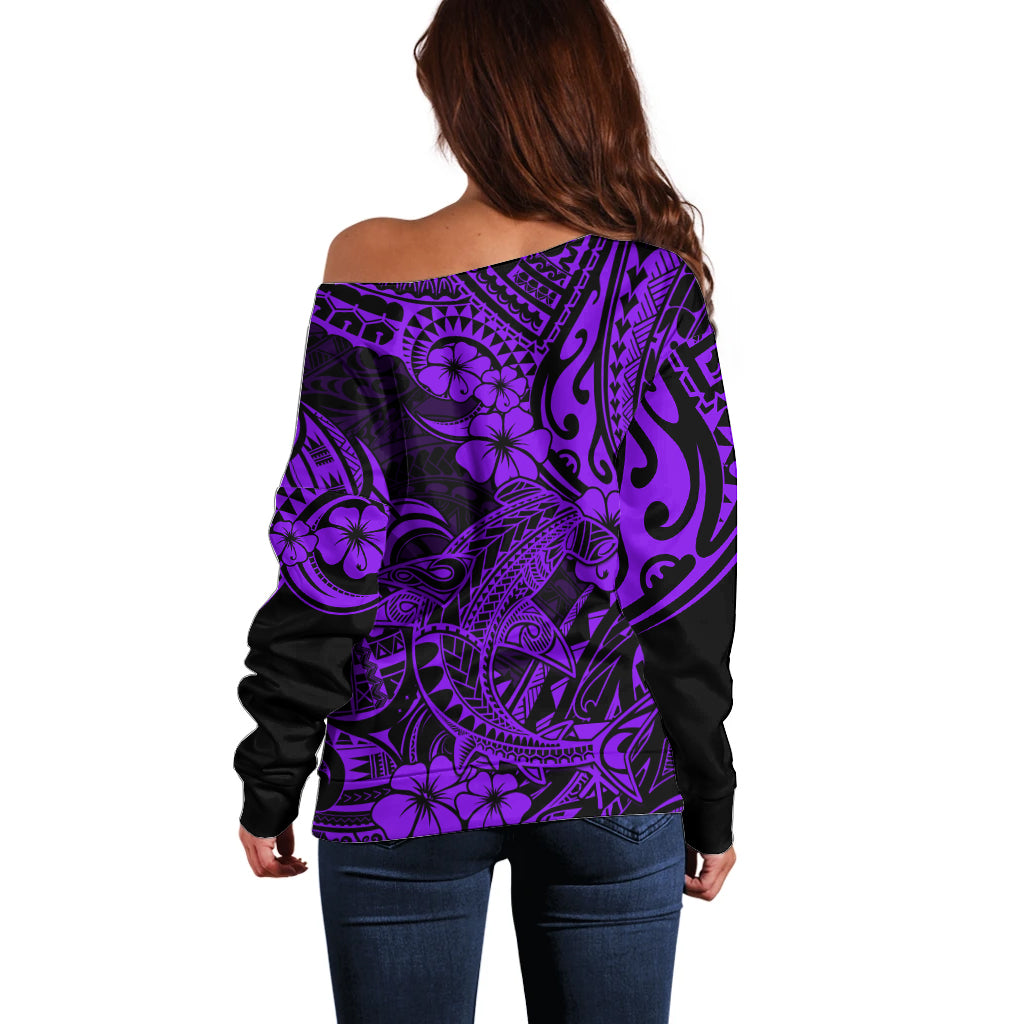 Hawaii Shark Off Shoulder Sweater Polynesian Pattern Purple Version - Wonder Print Shop