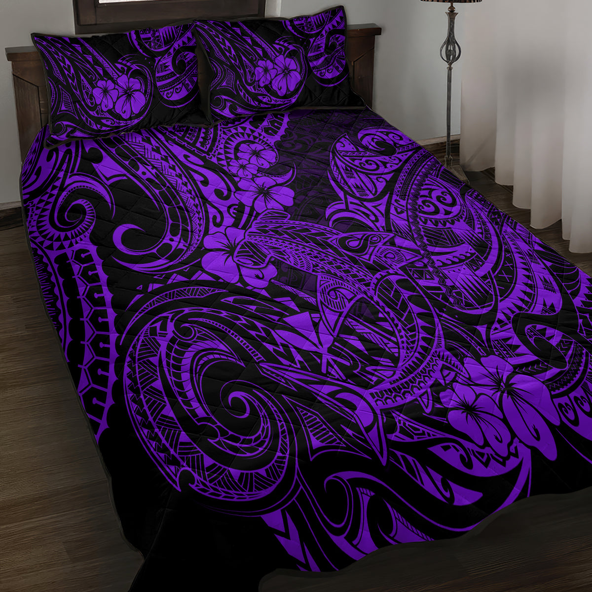 Hawaii Shark Quilt Bed Set Polynesian Pattern Purple Version - Wonder Print Shop