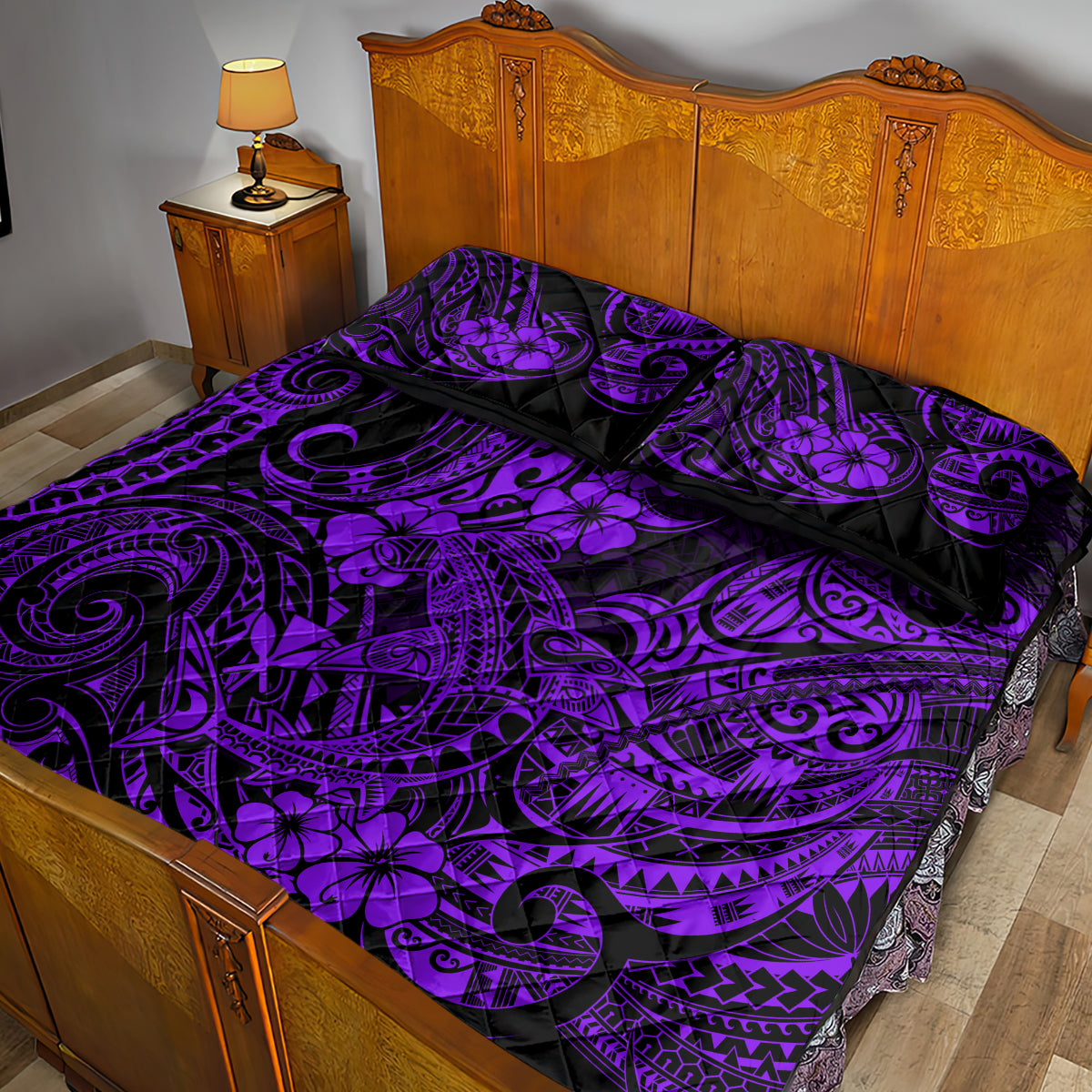 Hawaii Shark Quilt Bed Set Polynesian Pattern Purple Version - Wonder Print Shop