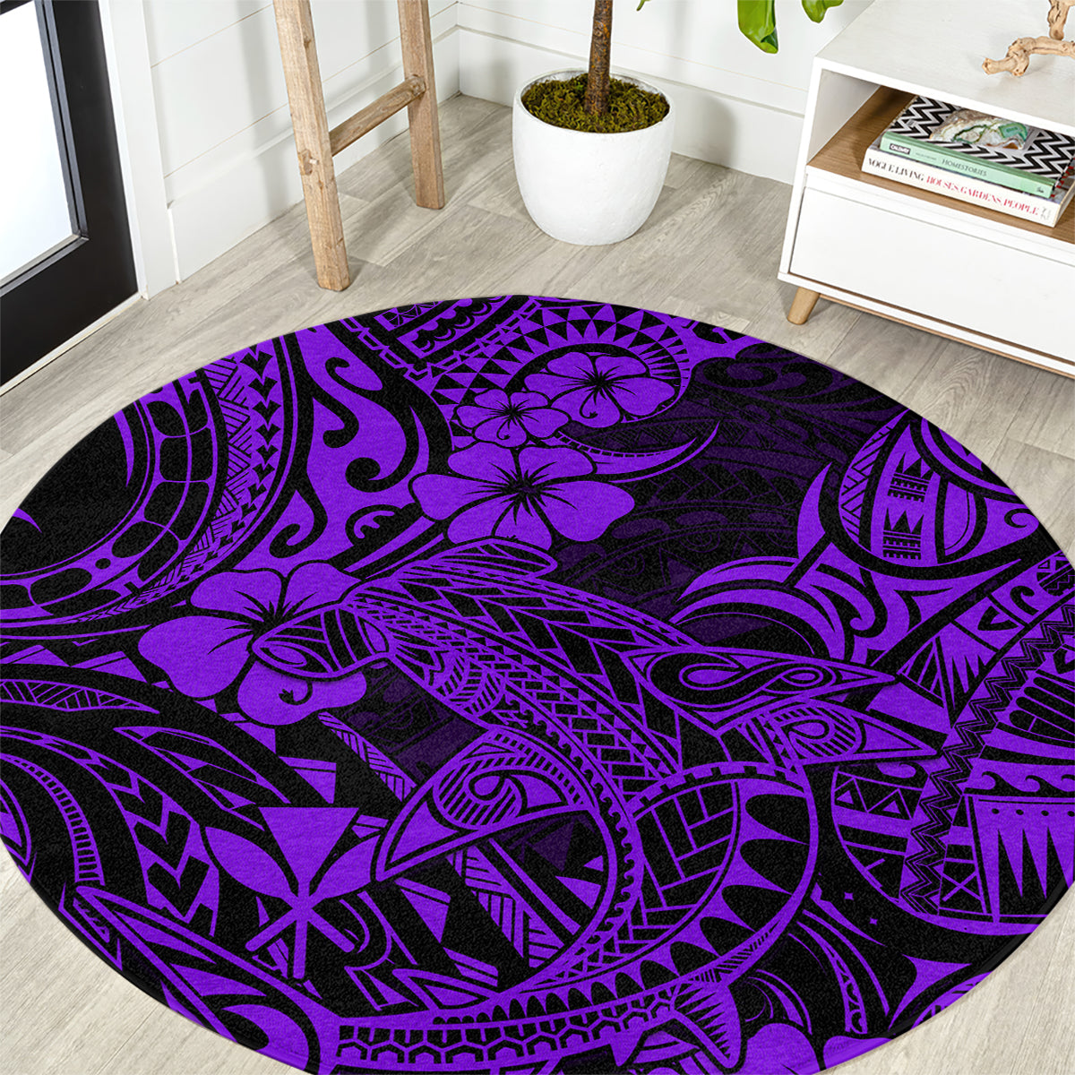 hawaii-shark-round-carpet-polynesian-pattern-purple-version