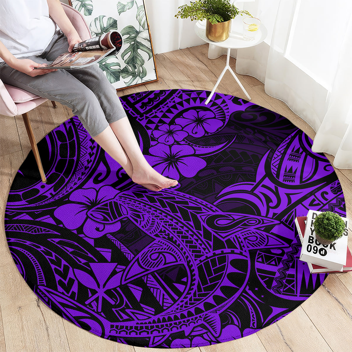 hawaii-shark-round-carpet-polynesian-pattern-purple-version