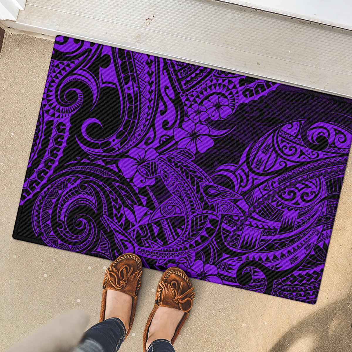 Hawaii Shark Rubber Doormat Polynesian Pattern Purple Version - Wonder Print Shop