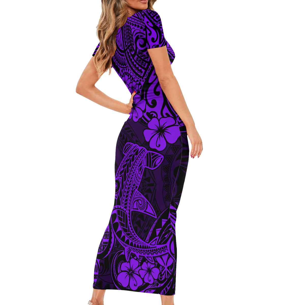 Hawaii Shark Short Sleeve Bodycon Dress Polynesian Pattern Purple Version - Wonder Print Shop