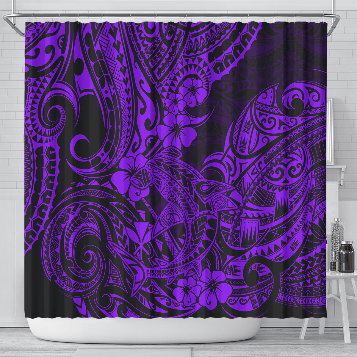 hawaii-shark-shower-curtain-polynesian-pattern-purple-version