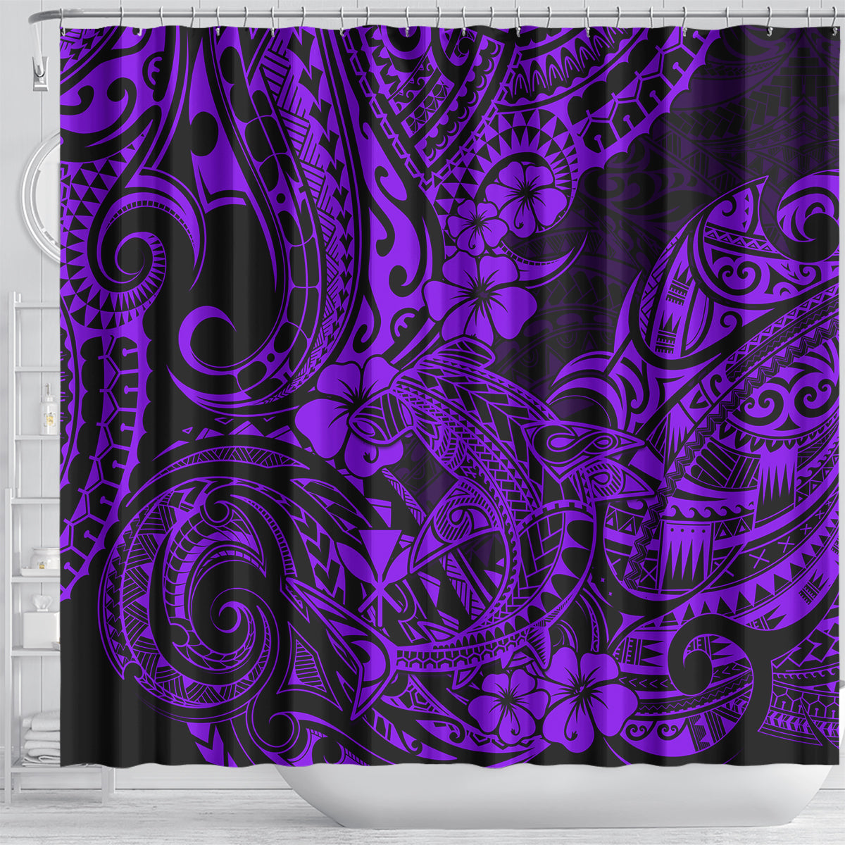 hawaii-shark-shower-curtain-polynesian-pattern-purple-version