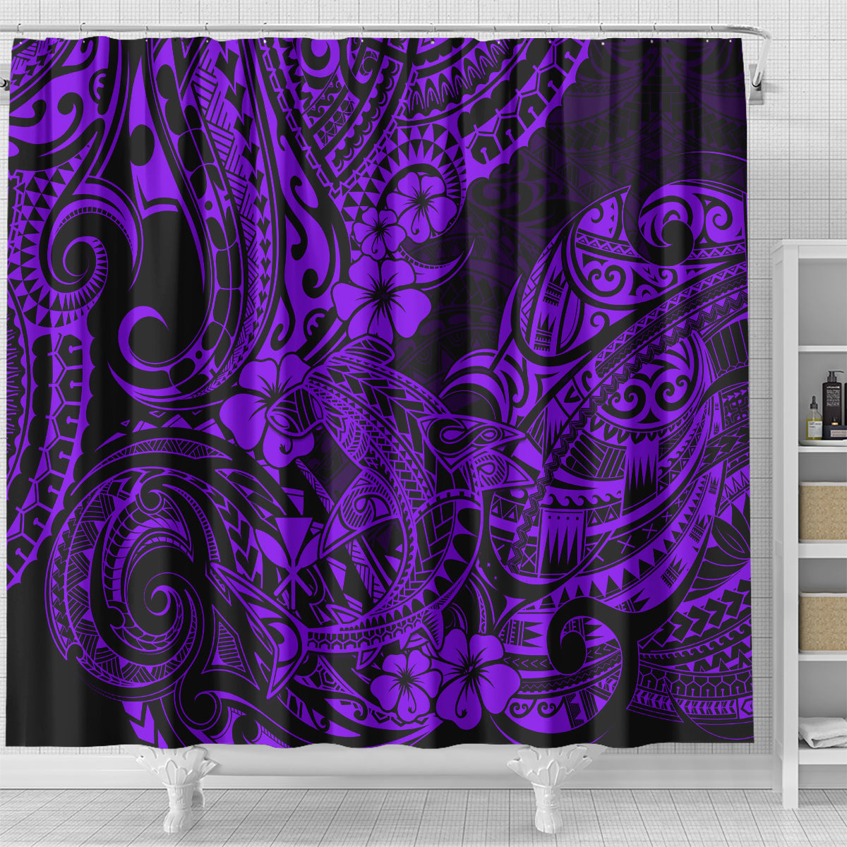 hawaii-shark-shower-curtain-polynesian-pattern-purple-version
