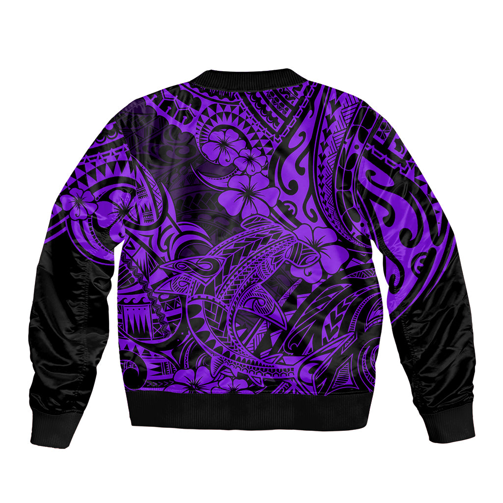 Hawaii Shark Sleeve Zip Bomber Jacket Polynesian Pattern Purple Version - Wonder Print Shop