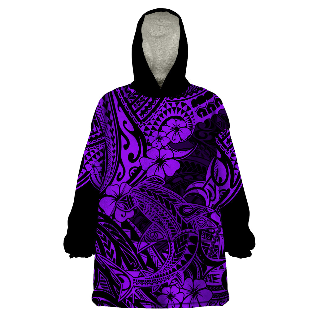Hawaii Shark Wearable Blanket Hoodie Polynesian Pattern Purple Version - Wonder Print Shop
