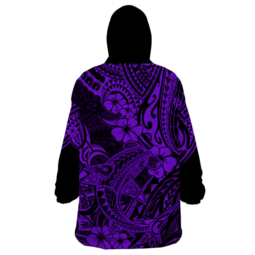 Hawaii Shark Wearable Blanket Hoodie Polynesian Pattern Purple Version - Wonder Print Shop