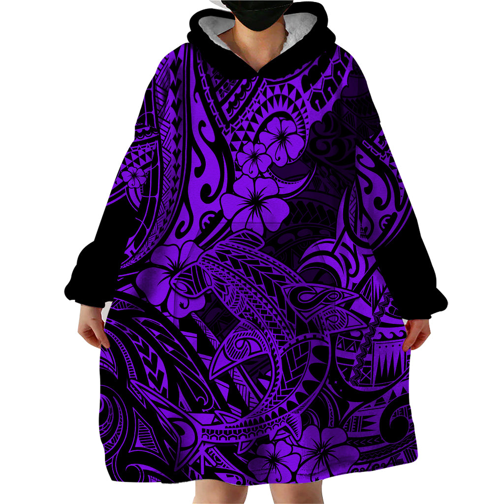 Hawaii Shark Wearable Blanket Hoodie Polynesian Pattern Purple Version - Wonder Print Shop