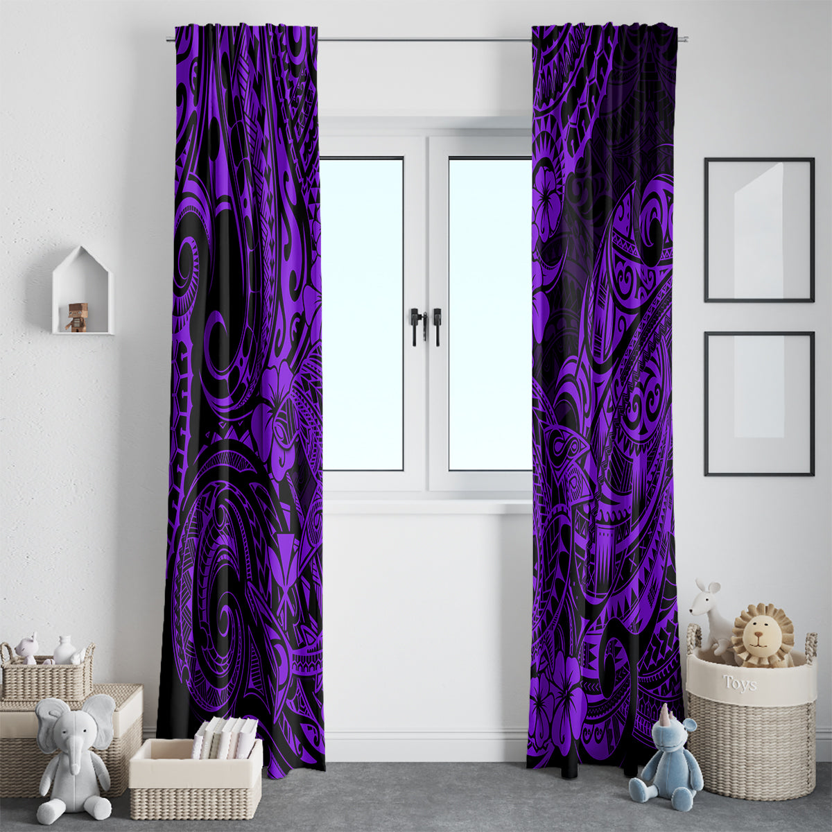 Hawaii Shark Window Curtain Polynesian Pattern Purple Version - Wonder Print Shop