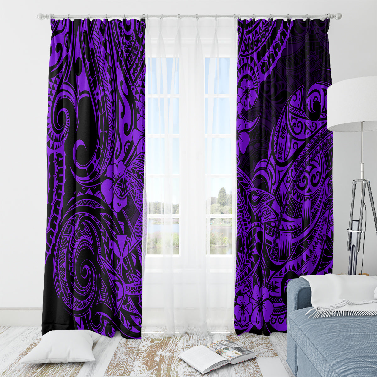 Hawaii Shark Window Curtain Polynesian Pattern Purple Version - Wonder Print Shop